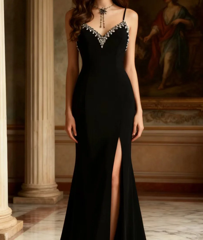 Black halter-neck fitted elegant long ball gown R6703