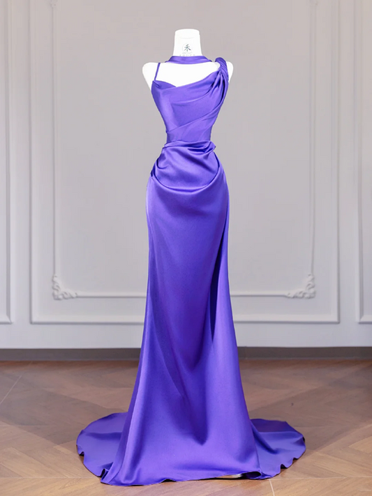 Deep purple halter-neck fitted bodycon long ball gown R8263