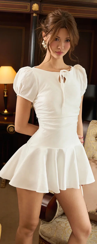 White puff sleeves, slim waist, A-line short skirt, homecoming dress R4483