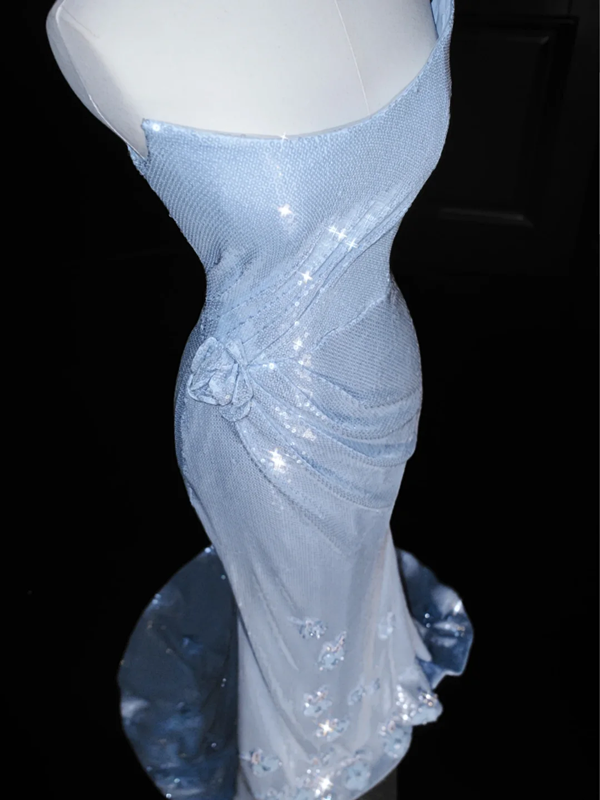 Light blue sequined tube-top slim-waisted hip-hugging maxi skirt, prom dress R5668