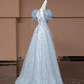 Light gray-blue puff sleeve, fitted waist, A-line skirt, long ball gown R8498