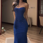 Dark blue strapless fitted waist bodycon sexy ball gown R8066
