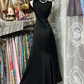 Black sleeveless satin fitted waist fishtail skirt maxi ball gown R6143