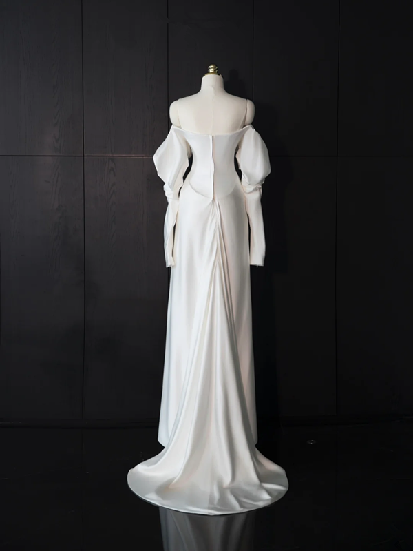 White satin off-the-shoulder fitted long ball gown/bridal dress R8959