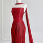 Deep red strapless fitted waist pleated long sexy ball gown R8177