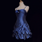 Dark blue suspender satin waist slim fit flower bud skirt short skirt homecoming dress R4971