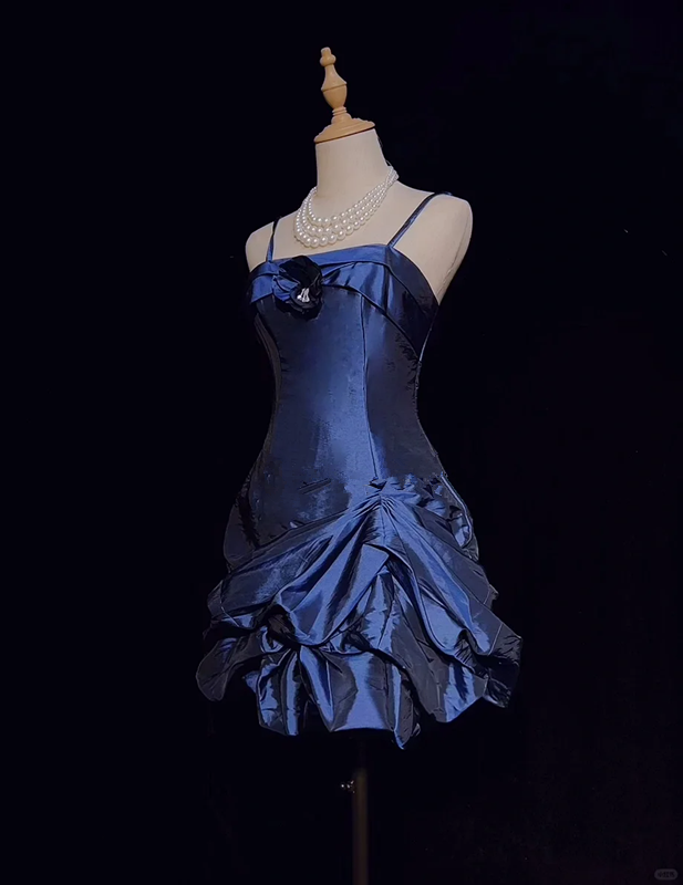 Dark blue suspender satin waist slim fit flower bud skirt short skirt homecoming dress R4971