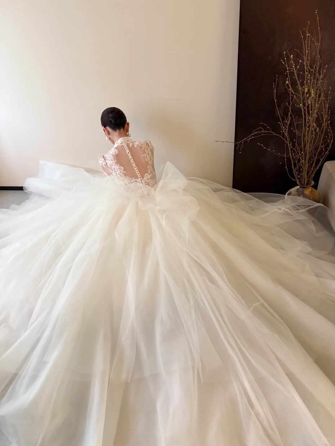 White lace top slim fit puffy skirt tulle long dress bridal gown R6064