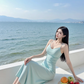 Light blue halter-neck backless sexy long ball gown R7542