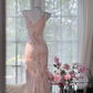 Light pink floral print halter-neck fitted long elegant ball gown R7657