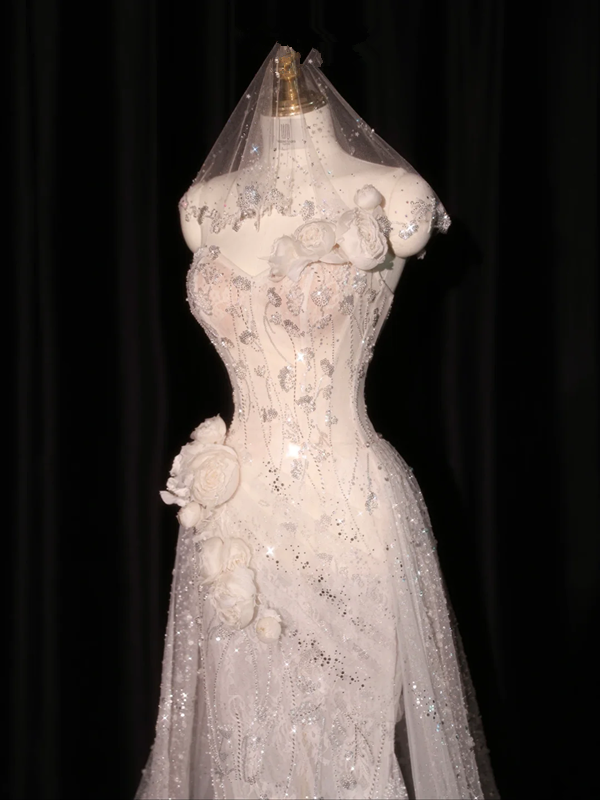White strapless, fitted waist, bodycon skirt, long ball gown, bridal dress R8929
