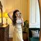 White bodice with rhinestone embellishments and a light yellow skirt, long ball gown/bridal dress R8595