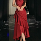 Red suspender satin slim waist pleated skirt long ball gown R6224