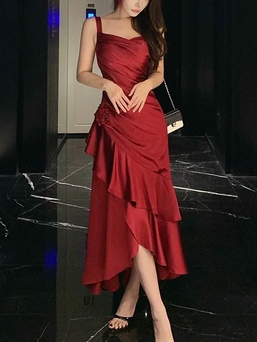 Red suspender satin slim waist pleated skirt long ball gown R6224