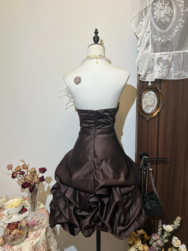 Dark brown tube top slim waist flower bud skirt short skirt homecoming dress R4239