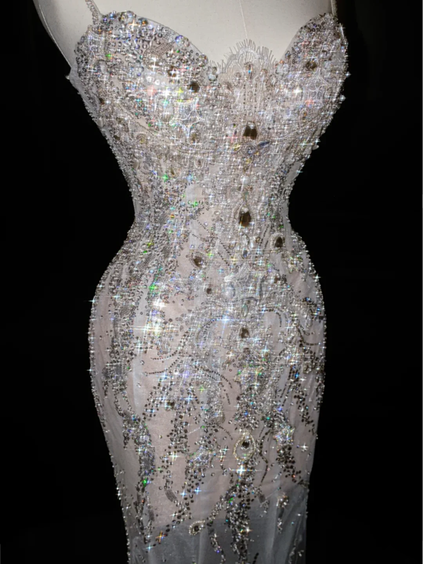 White suspender sequined diamond waist slim hip long skirt, prom dress R5632