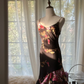 Black with pink floral print, halter-neck, fitted, asymmetrical hem, long ball gown R7738