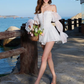 White one-shoulder slim waist sexy short skirt homecoming dress R4563