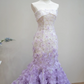 White strapless fitted waist long ball gown with purple floral maxi skirt R8899
