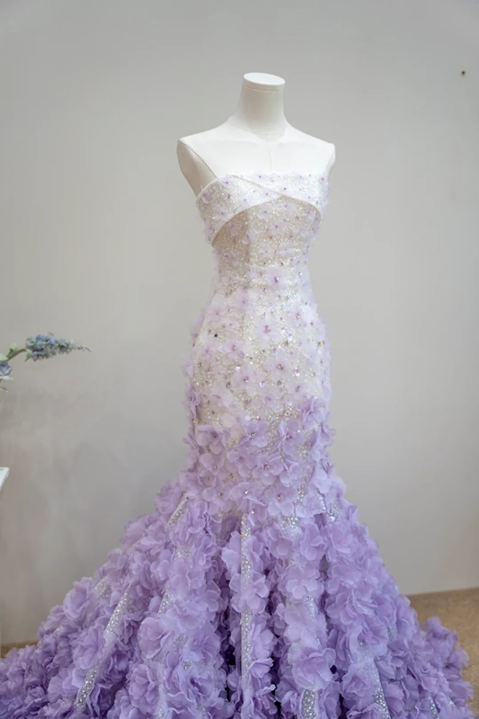 White strapless fitted waist long ball gown with purple floral maxi skirt R8899