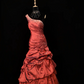 Red one-shoulder fitted waist ball gown with a full skirt R8690