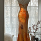Orange halter-neck, fitted, elegant long ball gown R7698