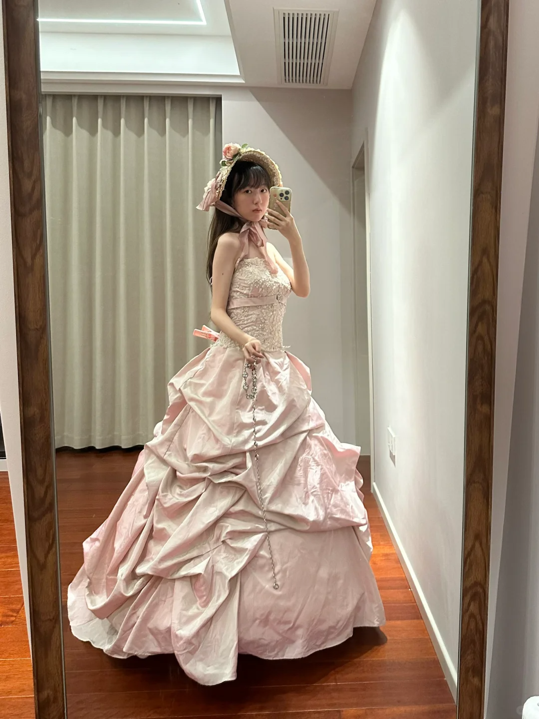 Light pink strapless, fitted waist, full skirt, long ball gown, bridal dress R8839