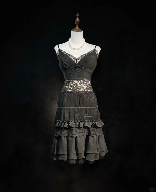 Black suspender waist cake skirt mid-length skirt homecoming dress R4930