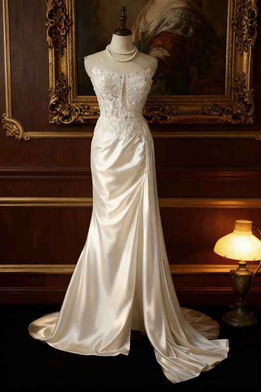 White strapless lace-trimmed long ball gown with a classic and elegant design R6743