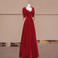 Deep red square neckline fitted waist long ball gown, bridal dress R8383