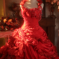 Red Halter-Neck Waist-Cinched Puffy-Hem Ball Gown, Bridal Gown R7336