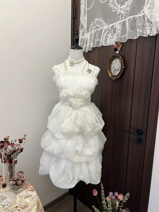 White suspenders waist puffy cloud skirt cute beautiful short skirt homecoming dress R4321
