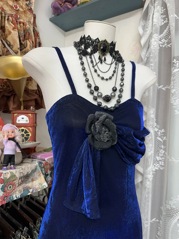 Retro blue halter-neck fitted bodycon dress, ball gown R6365