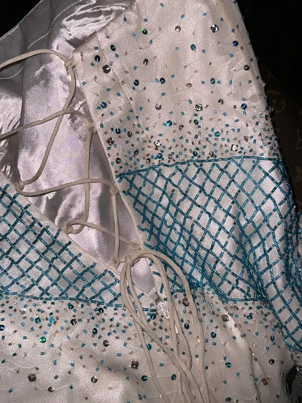 White strapless high-waisted beaded long ball gown, ethereal and charming R6942