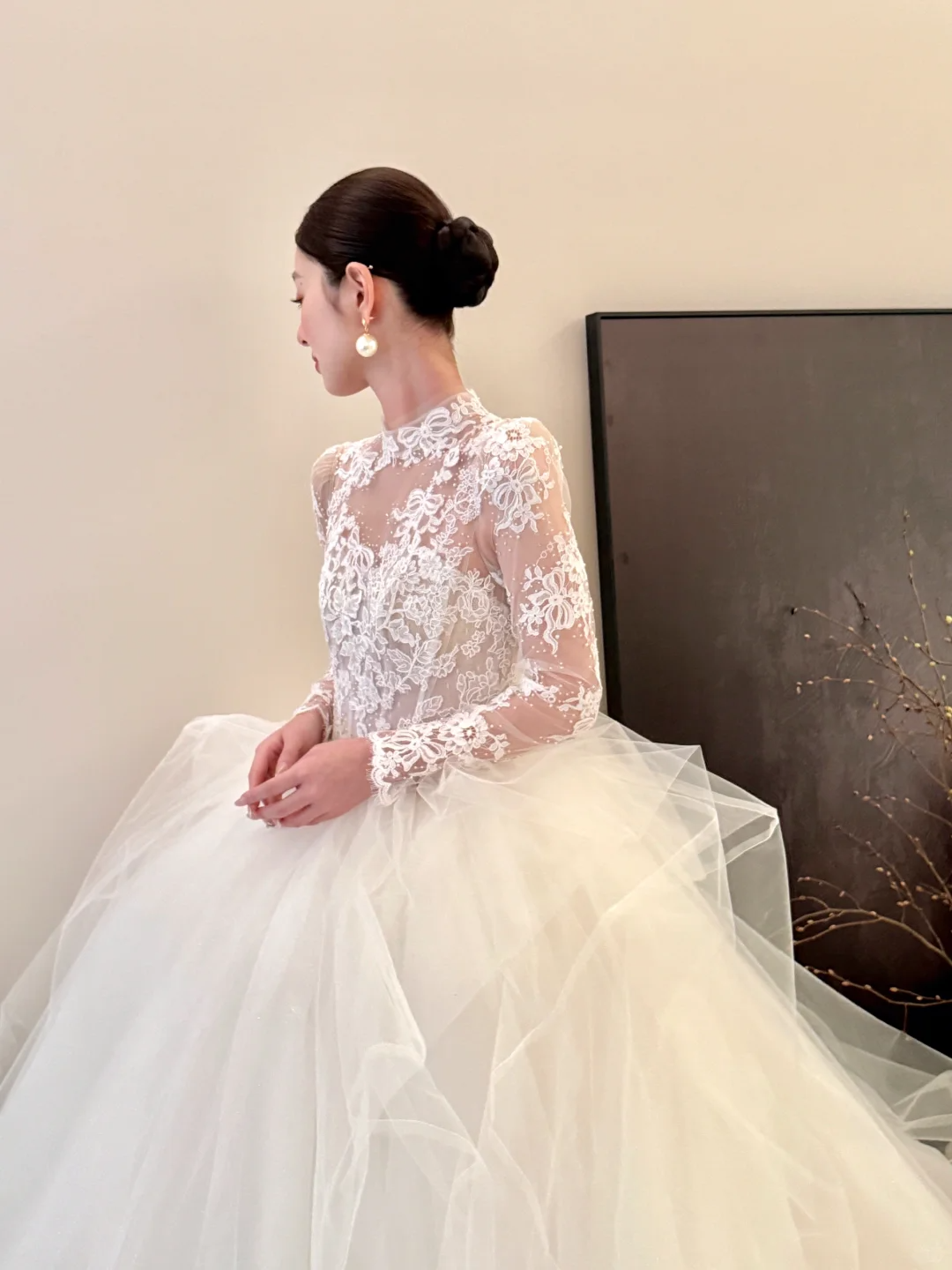 White lace top slim fit puffy skirt tulle long dress bridal gown R6064