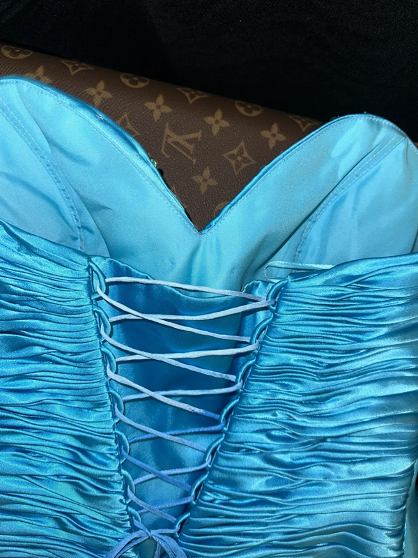 Blue strapless, fitted, bodycon mermaid long ball gown R7022