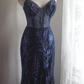 Navy blue sequined halter-neck fitted bodycon long ball gown R6782