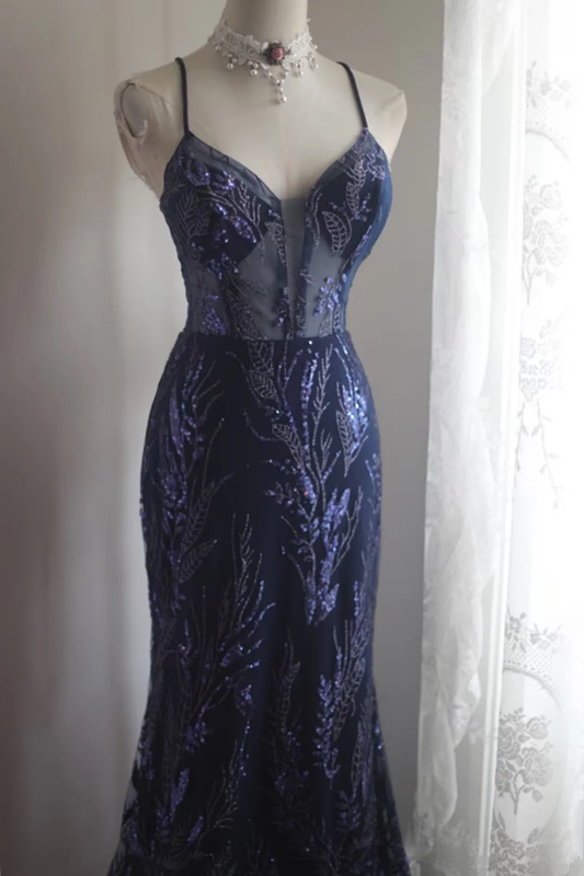 Navy blue sequined halter-neck fitted bodycon long ball gown R6782