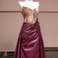 Vintage oil painting floral strapless cinched waist patchwork burgundy long ball gown, bridal dress R8321