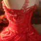 Red Halter-Neck Waist-Cinched Puffy-Hem Ball Gown, Bridal Gown R7336
