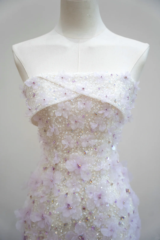 White strapless fitted waist long ball gown with purple floral maxi skirt R8899