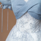 Light gray-blue puff sleeve, fitted waist, A-line skirt, long ball gown R8498