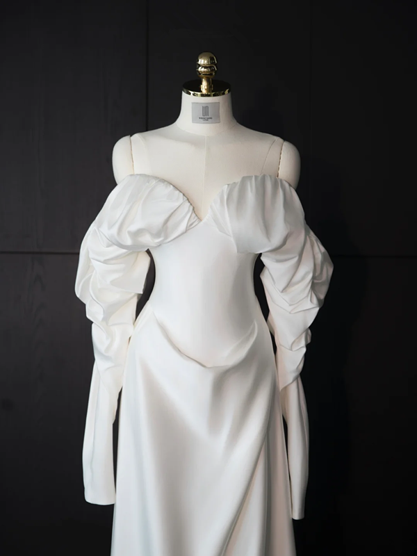 White satin off-the-shoulder fitted long ball gown/bridal dress R8959