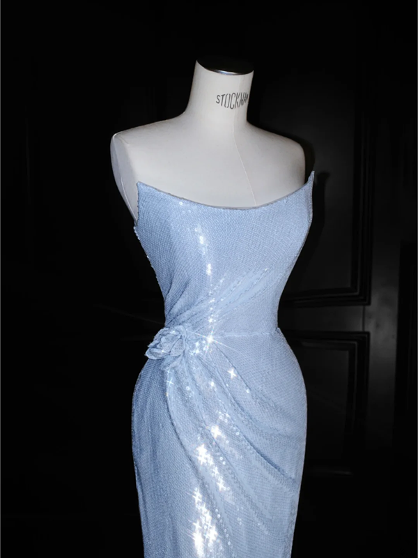 Light blue sequined tube-top slim-waisted hip-hugging maxi skirt, prom dress R5668