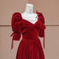Deep red square neckline fitted waist long ball gown, bridal dress R8383