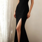 Black halter-neck fitted elegant long ball gown R6703
