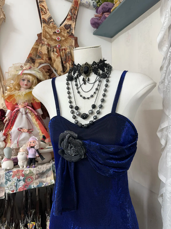 Retro blue halter-neck fitted bodycon dress, ball gown R6365