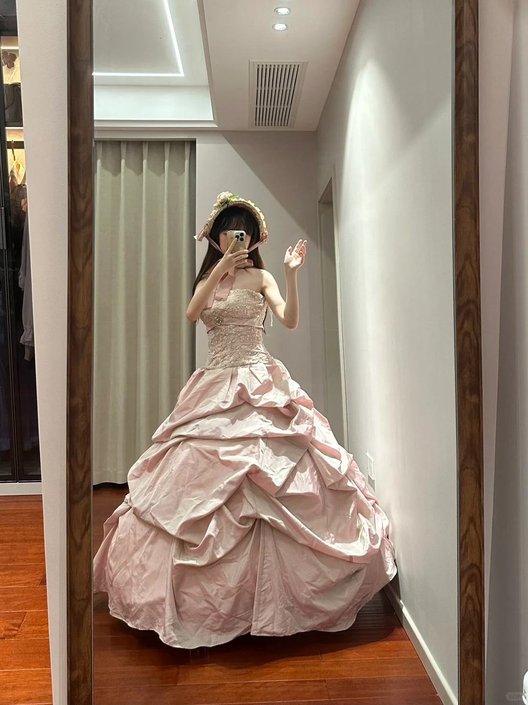 Light pink strapless, fitted waist, full skirt, long ball gown, bridal dress R8839