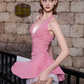 Red plaid halterneck waist sexy top A-line cute mini skirt homecoming dress R4643