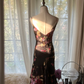 Black with pink floral print, halter-neck, fitted, asymmetrical hem, long ball gown R7738